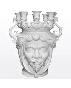 White Sicilian Moorish head with candelabra featuring a male character. It is handcrafted in Caltagirone, Italy.