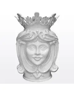 Tall, white Sicilian Moorish head featuring a female character. It is handcrafted in Caltagirone, Italy.