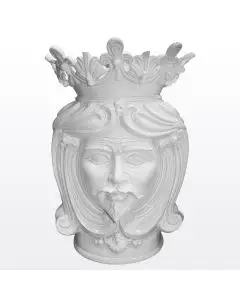 Tall, white Sicilian Moorish head featuring a male character. It is handcrafted in Caltagirone, Italy.