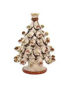 Mother-of-pearl ceramic Christmas tree with red and gold baubles with a candle holder. It is handcrafted in Caltagirone, Sicily. Handmade in Italy.