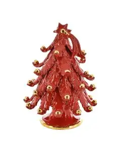 Red ceramic Christmas tree with gold baubles. It is handcrafted in Caltagirone, Sicily. Handmade in Italy.