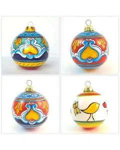 Set of 4 Christmas baubles in various geometric patterns. Handpainted in Deruta, Italy by D&G Design