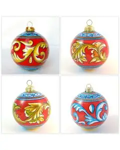 Set of 4 Christmas baubles in various geometric patterns. Handpainted in Deruta, Italy by D&G Design