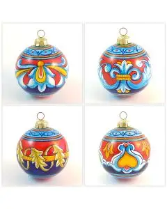 Set of 4 Christmas baubles in various geometric patterns. Handpainted in Deruta, Italy by D&G Design