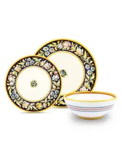 Handmade Italian 3-piece place setting Floreale: dinner plate, salad & dessert plate, cereal bowl. Deruta, Italy