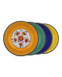 Handmade Italian set of 4 dinner plates from the Flora Deruta collection. Deruta, Italy