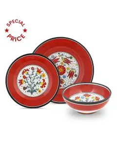 Handmade Italian 3-piece place setting Flora: dinner plate, salad & dessert plate, cereal bowl. Deruta, Italy