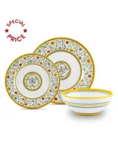 Handmade Italian 3-piece place setting Floreale: dinner plate, salad & dessert plate, cereal bowl. Deruta, Italy