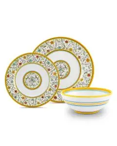 Handmade Italian 3-piece place setting Floreale: dinner plate, salad & dessert plate, cereal bowl. Deruta, Italy