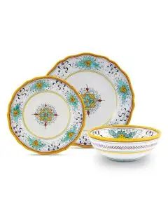 Handmade Italian 3-piece place setting Festone: dinner plate, salad & dessert plate, cereal bowl. Deruta, Italy