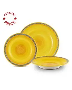 Handmade Italian 3-piece place setting Giallo Azzurro: dinner plate, salad & dessert plate, cereal bowl. Deruta, Italy