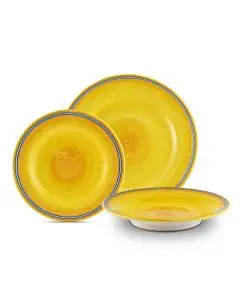 Handmade Italian 3-piece place setting Giallo Azzurro: dinner plate, salad & dessert plate, cereal bowl. Deruta, Italy
