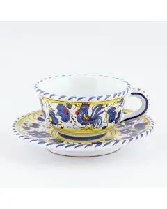 Deruta tea cup and saucer from the Galletto Blu collection, handmade by Antica Deruta - Italy
