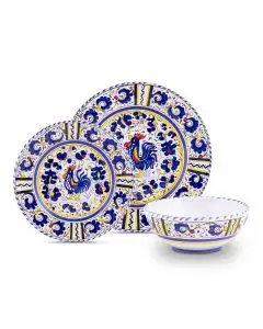 Handmade Italian 3-piece place setting Galletto Blu: dinner plate, salad & dessert plate, cereal bowl. Deruta, Italy