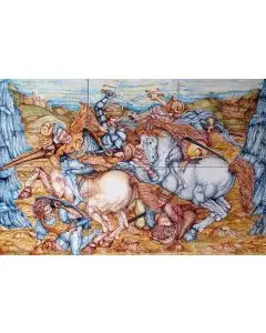 Italian tile panel or side tabletop The Battle of Anghiari hand-painted by Ghenos in Messina, Sicily