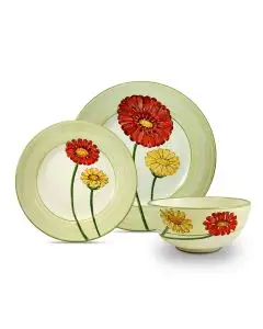 Handmade Italian 3-piece place setting Giardino Italiano with gerberas: dinner plate, salad & dessert plate, cereal bowl. Gubbio, Italy