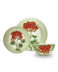 Handmade Italian 3-piece place setting Giardino Italiano with pelargoniums: dinner plate, salad & dessert plate, cereal bowl. Gubbio, Italy