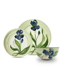 Handmade Italian 3-piece place setting Giardino Italiano with blue irises: dinner plate, salad & dessert plate, cereal bowl. Gubbio, Italy