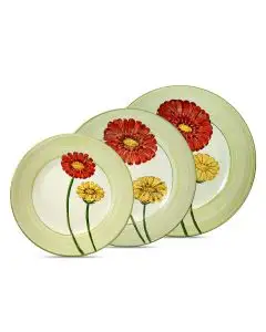 Handmade Italian 3-piece place setting Giardino Italiano with red and golden gerberas: dinner plate, pasta plate, salad & dessert plate. Gubbio, Italy