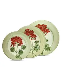 Handmade Italian 3-piece place setting Giardino Italiano with red pelargoniums: dinner plate, pasta plate, salad & dessert plate. Gubbio, Italy