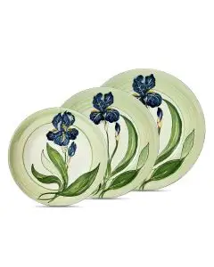 Handmade Italian 3-piece place setting Giardino Italiano with blue irises: dinner plate, pasta plate, salad & dessert plate. Gubbio, Italy