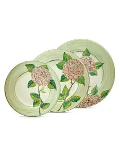 Handmade Italian 3-piece place setting Giardino Italiano with pink hydrangeas: dinner plate, pasta plate, salad & dessert plate. Gubbio, Italy