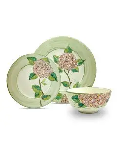 Handmade Italian 3-piece place setting Giardino Italiano with pink hydrangeas: dinner plate, salad & dessert plate, cereal bowl. Gubbio, Italy