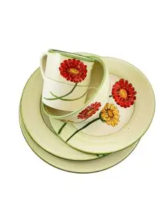 Handmade Italian 5-piece place setting Giardino Italiano with red and golden gerberas: dinner plate, pasta plate, salad & dessert plate, cereal bowl and mug. Gubbio, Italy