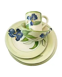 Handmade Italian 5-piece place setting Giardino Italiano with blue irises: dinner plate, pasta plate, salad & dessert plate, cereal bowl and mug. Gubbio, Italy