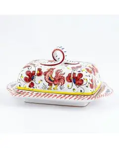 Deruta butter dish from the Galletto Rosso collection, handmade by Antica Deruta - Italy