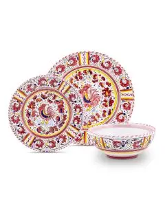 Handmade Italian 3-piece place setting Galletto Rosso: dinner plate, salad & dessert plate, cereal bowl. Deruta, Italy