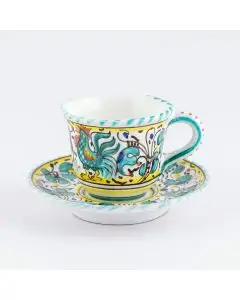Deruta espresso cup and saucer from the Galletto Verde collection, handmade by Antica Deruta - Italy