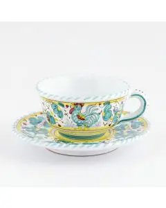 Deruta tea cup and saucer from the Galletto Verde collection, handmade by Antica Deruta - Italy