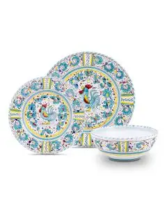 Handmade Italian 3-piece place setting Galletto Verde: dinner plate, salad & dessert plate, cereal bowl. Deruta, Italy