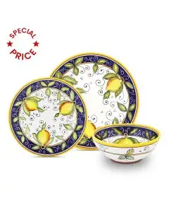 Handmade Italian 3-piece place setting Limoni Blu: dinner plate, salad & dessert plate, cereal bowl. Deruta, Italy