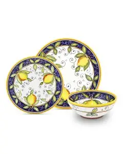 Handmade Italian 3-piece place setting Limoni Blu: dinner plate, salad & dessert plate, cereal bowl. Deruta, Italy