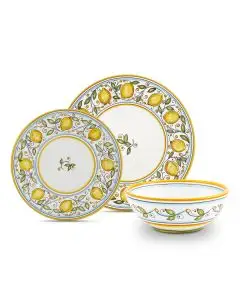 Handmade Italian 3-piece place setting Limoni: dinner plate, salad & dessert plate, cereal bowl. Deruta, Italy