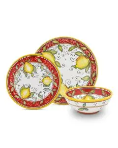 Handmade Italian 3-piece place setting Limoni Rosso: dinner plate, salad & dessert plate, cereal bowl. Deruta, Italy