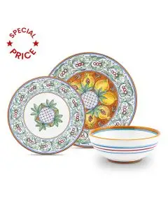 Handmade Italian 3-piece place setting Melograni: dinner plate, salad & dessert plate, cereal bowl. Deruta, Italy