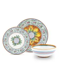 Handmade Italian 3-piece place setting Melograni: dinner plate, salad & dessert plate, cereal bowl. Deruta, Italy