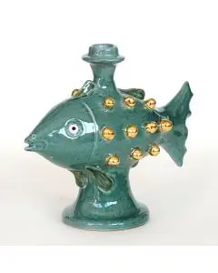 Green candle holder in the shape of a fish with gold details handmade in Tuscany by ND Dolfi - Italy
