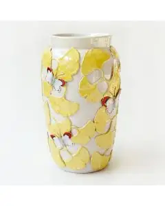 Tall white vase with ginkgo leaves and butterflies handmade in Tuscany by ND Dolfi - Italy