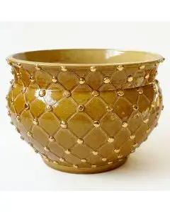 Amber planter vase with criss-cross lines and gold details handmade in Tuscany by ND Dolfi - Italy