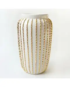 Tall white vase with gold stripes handmade in Tuscany by ND Dolfi - Italy
