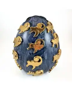 Italian blue vase with gold detail. Handmade by Rampini in Gubbio, Italy - main image