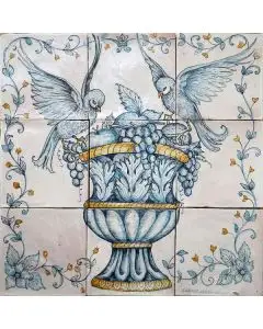 Italian tile panel Birds with Fruit hand-painted by Ghenos in Messina, Sicily