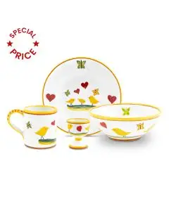 Hand-Painted Italian 4-piece baby feeding set Pulcino: plate, bowl, mug and egg cup. Deruta, Italy