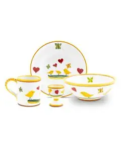 Hand-Painted Italian 4-piece baby feeding set Pulcino: plate, bowl, mug and egg cup. Deruta, Italy