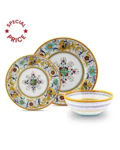 Handmade Italian 3-piece place setting Raffaellesco: dinner plate, salad & dessert plate, cereal bowl. Deruta, Italy