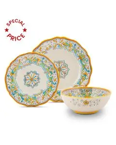 Handmade Italian 3-piece place setting Ricco Deruta Allegro: dinner plate, salad & dessert plate, cereal bowl. Deruta, Italy